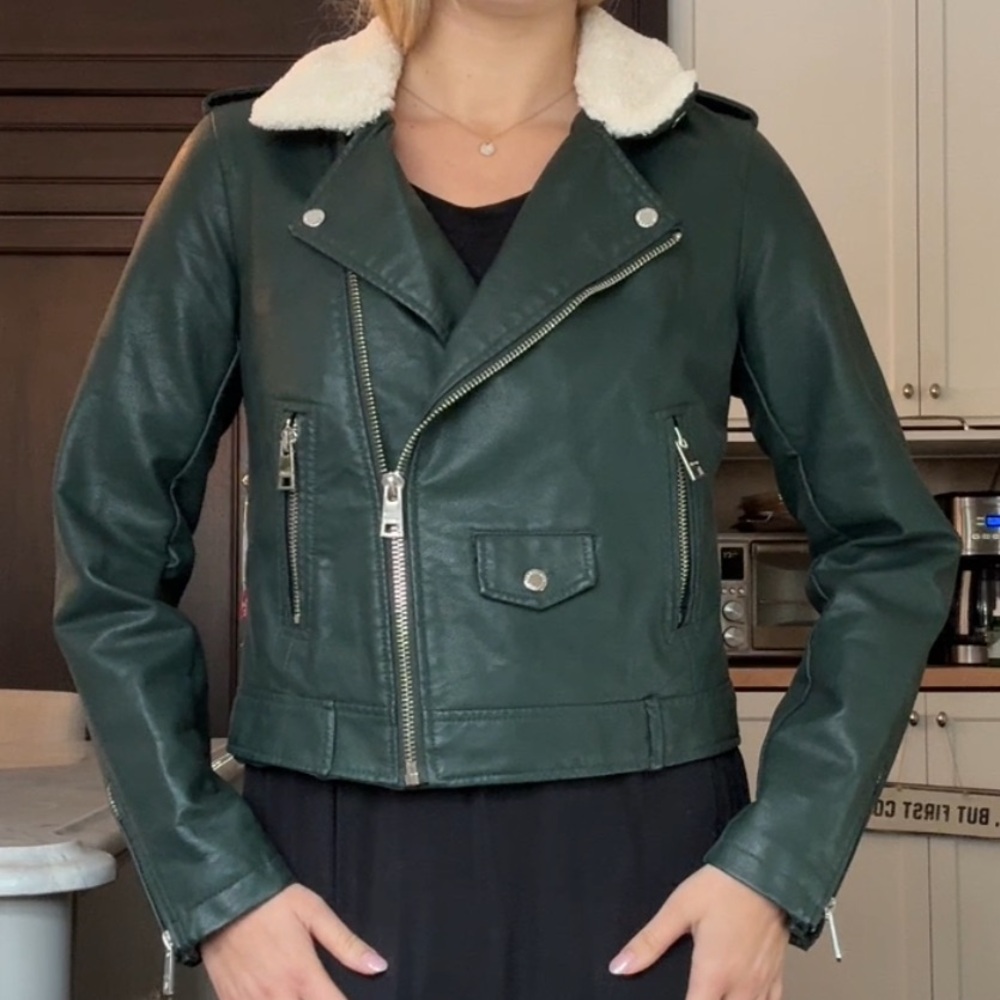 Levi's Dark Green Leather Jacket with Cream Collar